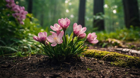 Beautiful pink crocus flowers in the forest. Selective focus.