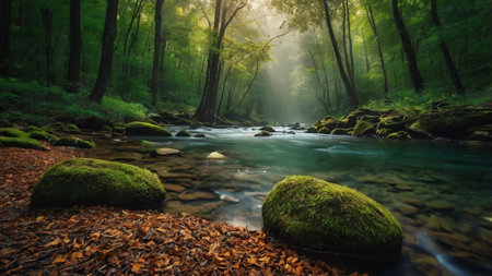 Beautiful landscape with mountain river and green moss in the forest.