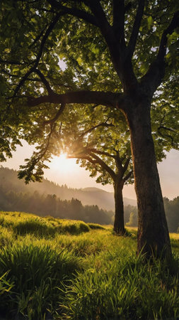 Beautiful summer landscape with sun rays passing through the trees in the meadow
