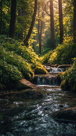 Beautiful small waterfall in the green forest at sunset. Soft focus.