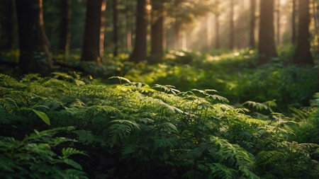 Beautiful green ferns in the forest in the morning lightの写真素材