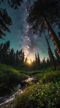 Beautiful night landscape with milky way over mountain river and forestの写真素材
