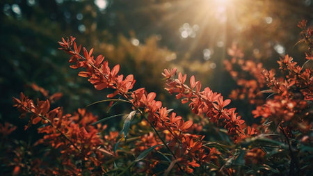beautiful red flowers in the garden at sunset with sun rays.