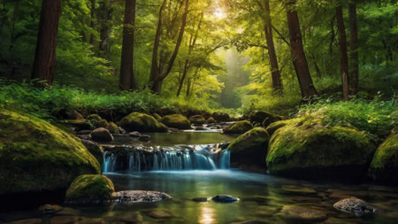 Beautiful stream in the green forest at sunset. Nature composition.
