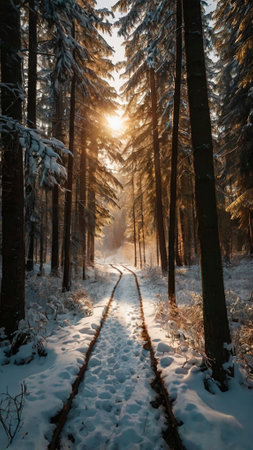 Snowy winter road in the forest at sunset. Beautiful winter landscape.の写真素材