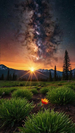 Sunset in the mountains. Starry sky with milky way and flower