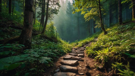 Hiking trail in the forest in the morning. Beautiful summer landscape