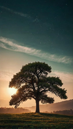 Beautiful summer landscape with lonely tree and starry sky at sunrise