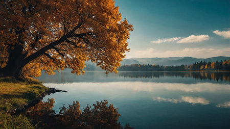 Autumn landscape with a tree on the shore of the lake.の写真素材