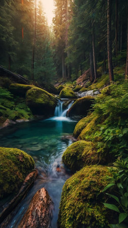 Mountain stream in the forest at sunset. Beautiful nature scene.