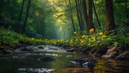 Beautiful spring landscape with a river and yellow flowers in the forestの写真素材