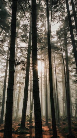 Pine trees in the misty forest with sunlight in the morningの写真素材