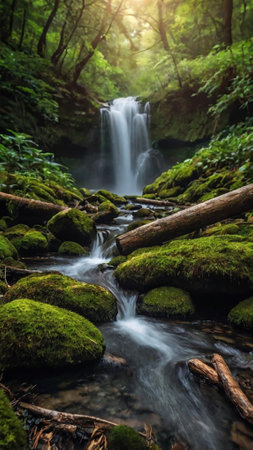 Beautiful waterfall in the green forest. Soft focus. Long exposure.の写真素材