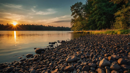 Sunset over the lake with stones in the foreground and trees in the backgroundの写真素材