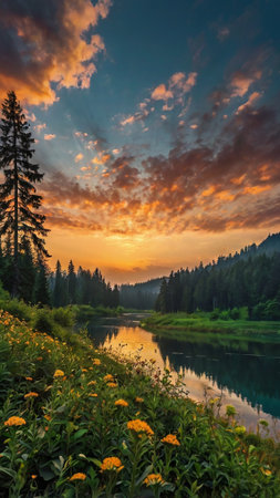 Beautiful sunset on the mountain lake. Colorful summer landscape.