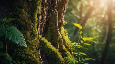 Moss on the tree in the forest with sunlight. Nature backgroundの写真素材