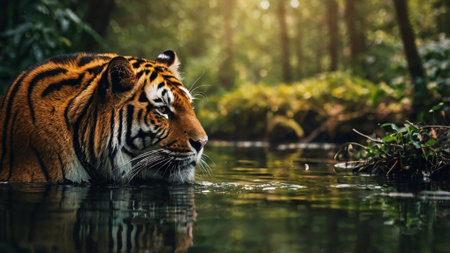 Siberian Tiger swimming in the water. The tiger is the biggest cat in the world.