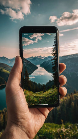Taking a photo with smart phone on the background of a mountain lakeの写真素材