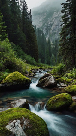 Mountain river in the forest. Beautiful landscape with a mountain river.の写真素材
