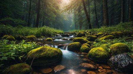 beautiful long exposure of a river flowing through a green forest.