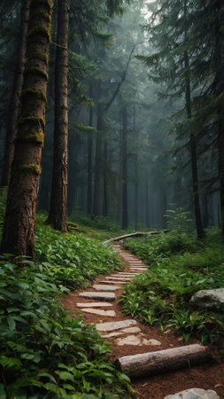 Hiking trail in the misty forest. Carpathians, Ukraineの写真素材