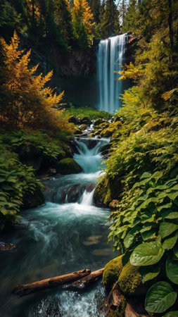 Beautiful waterfall in autumn forest. Long exposure shot with long exposure.