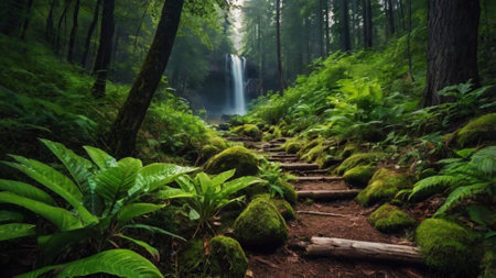 Beautiful waterfall in a green forest with moss and fernsの写真素材