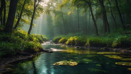 Beautiful morning landscape with river and sun rays in the green forest