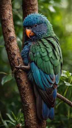 Colorful parrot sitting on a tree branch in the rainforest