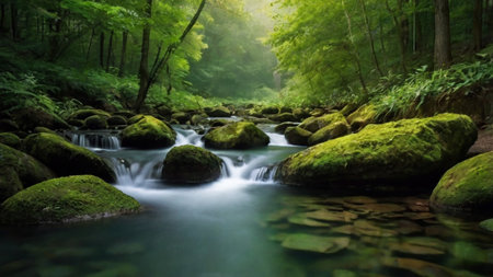 Waterfall in the green forest. Soft focus, long exposure.