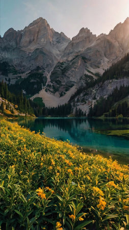 Lilium flowers on the lake of Dolomites, Italyの写真素材