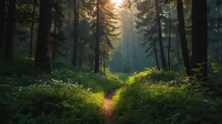 Path through the forest in the rays of the morning sun. Beautiful summer landscape.の写真素材