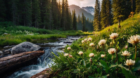 Beautiful summer mountain landscape with mountain river and wildflowers.の写真素材
