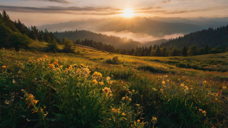Sunset in the mountains. Landscape with yellow wildflowers.の写真素材