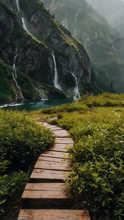 Wooden path in the mountains with waterfall in the background. Beautiful natural landscape.