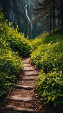 Staircase in the forest. Path in the woods. Mountain trail.