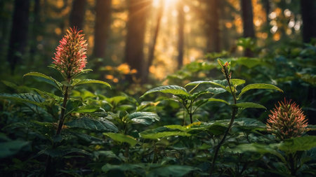 Beautiful red flower in the forest at sunset. Selective focus.の写真素材