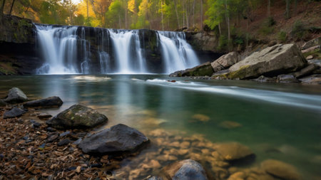 Beautiful waterfall in the forest in autumn, long exposure shot.
