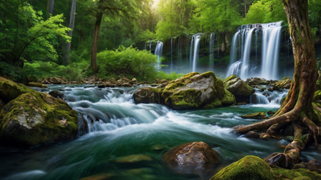 Waterfall in deep forest at summer. Natural landscape with waterfalls.