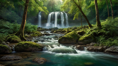 Waterfall in tropical forest. Panoramic view of waterfall in rainforest.