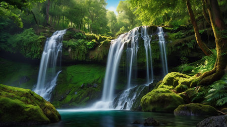 Waterfall in the green forest. Beautiful waterfall in the forest.