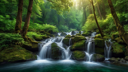 Beautiful waterfall in the deep forest with green leaves and sunlight.