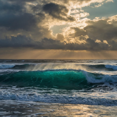 Waves breaking on the beach at sunset with dramatic clouds in the background