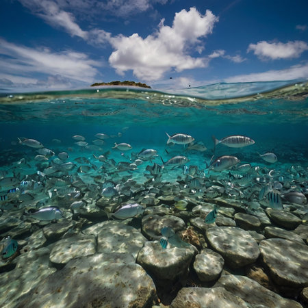 Underwater view of the coral reef with fish swimming in blue water