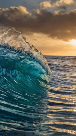 Blue wave in the ocean at sunset. Natural background with copy spaceの写真素材