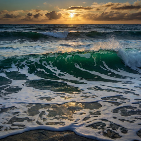 Beautiful seascape with waves at sunset. Nature composition.の写真素材