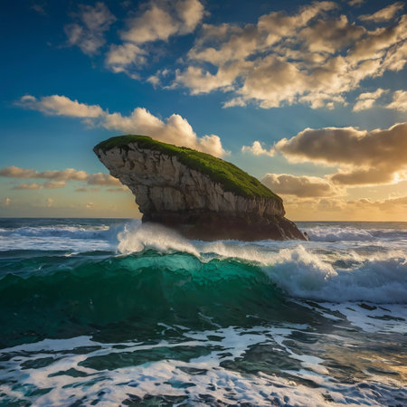 Beautiful seascape at sunset. Seascape with green rock in ocean.の写真素材