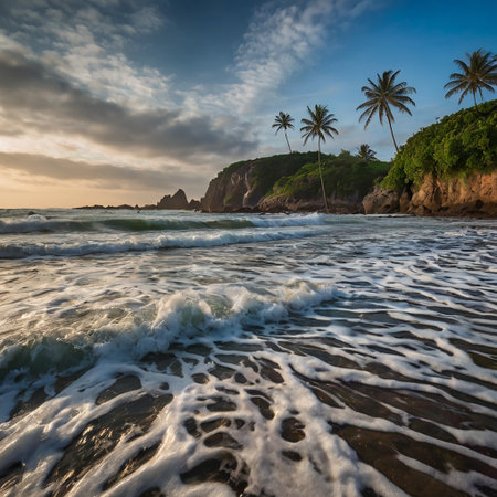 Tropical beach with palm trees at sunset, Seychelles