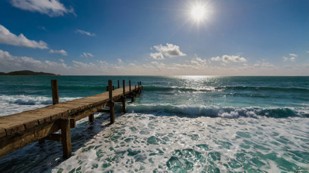 wooden pier on the beach with blue sky and sun in backgroundの写真素材