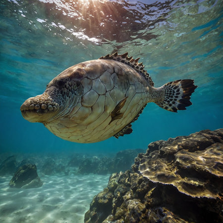 Hawaiian Green Sea Turtle (Chelonia mydas) swimming underwaterの写真素材